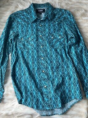 Rock & Roll Vintage Cut Pearl Snap Shirt Men's L Blue Aztec